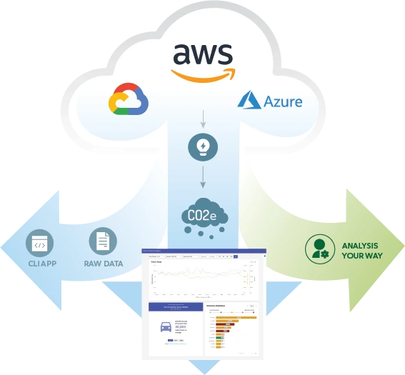 Infographic showing the different paths data taken from the cloud providers may take: our frontend app, CLI app, raw data or analysis your way